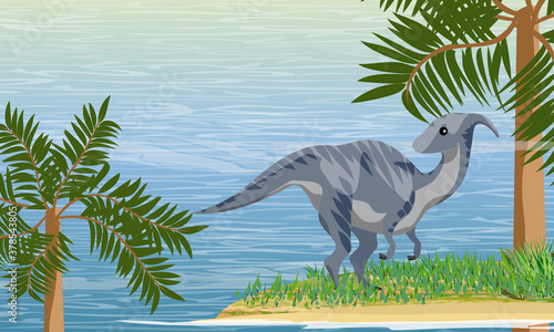 A prehistoric extinct dinosaur stands on the shore of the bay in the thickets of ancient spore races. Prehistoric flora and fauna. Realistic vector landscape. © AnnstasAg