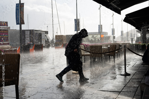 Heavy rain in the city centre of Oslo, Norway.