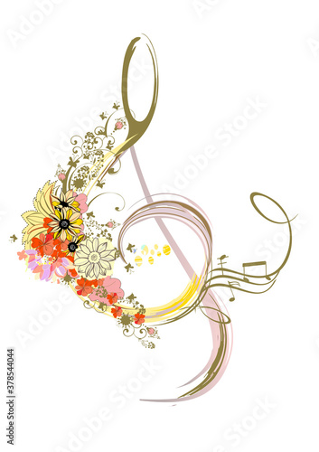 Abstract nature treble clef decorated with summer and spring flowers, notes, birds. Light and relax music. Hand drawn vector illustration.