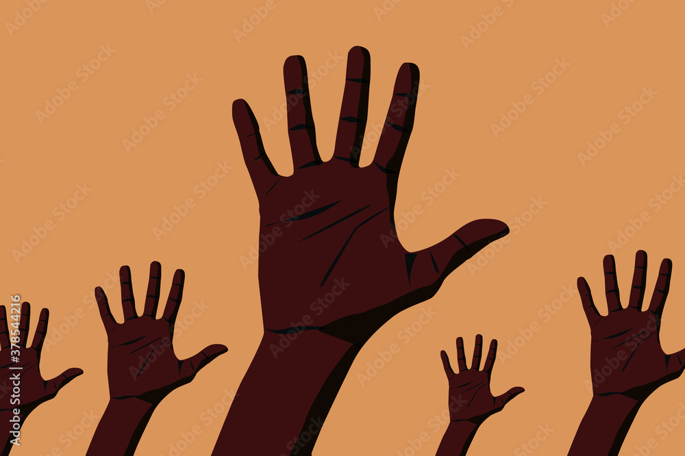 Concept of racism, black lives matter, help to black people, protest. Five open black hands showing their palm with a light brown background. Vector illustration