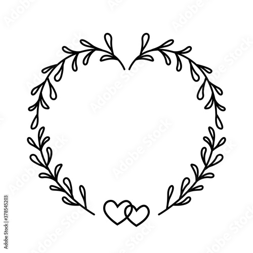 Hand drawn simple love floral frame, heart wreath for wedding