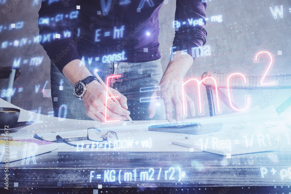 Student or teacher with mathematical and scientific formulas. Concepts of education.