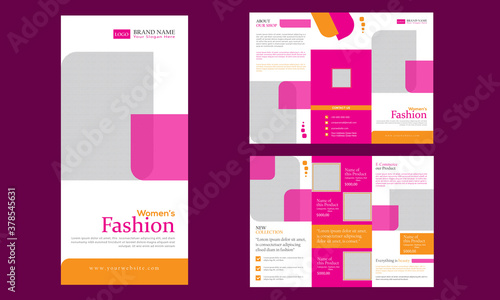 Women fashion awesome creative tri-fold brochure vector design template. Rectangle elements and place of your photo. Beauty fashion tri-fold brochure 