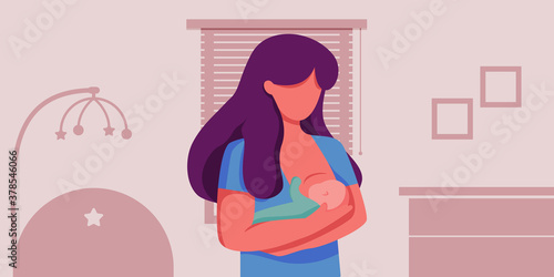 woman breastfeeding her newborn baby holding in hands around floral leaves. Lactation. Breast feeding week, happy mother day clip art. Child drinks milk from the female breast. A children's room.