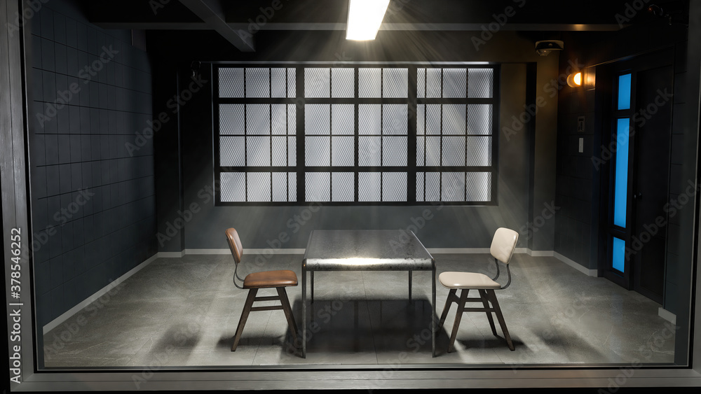 Modern interrogation room seen through a security glass window 3d illustration - obrazy, fototapety, plakaty 