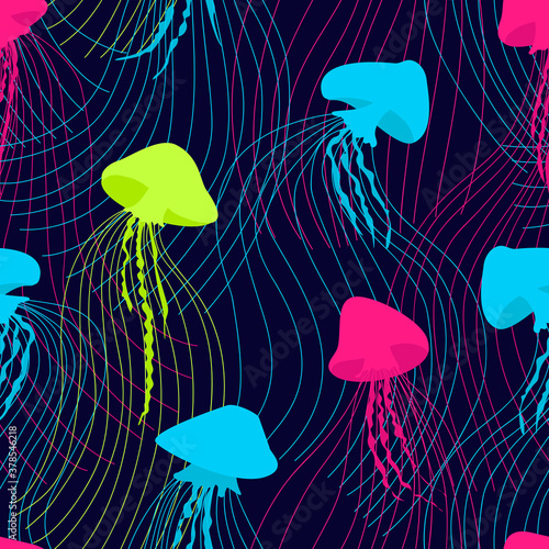 Seamless pattern neon jellyfish on dark background. Design with jellyfish. Stylized deep sea animal pattern for fabric design. Flat vector illustration.