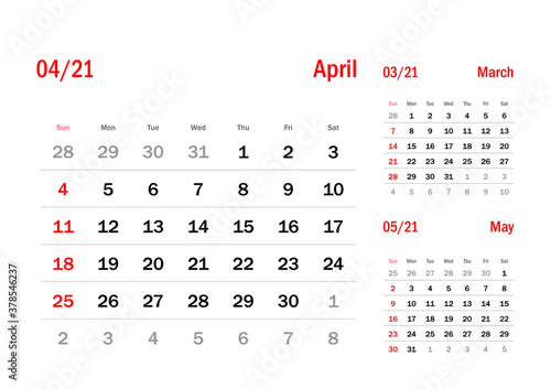 Calendar Grid Set. APRIL PAGE. 12 Months 2021  Quarterly Calendar English 