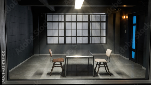 Modern interrogation room seen through a security glass window 3d illustration photo