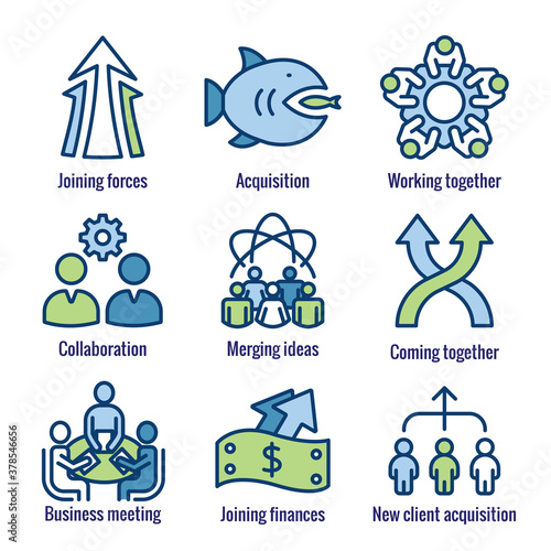 Companies merging together, one buying out the other - icons