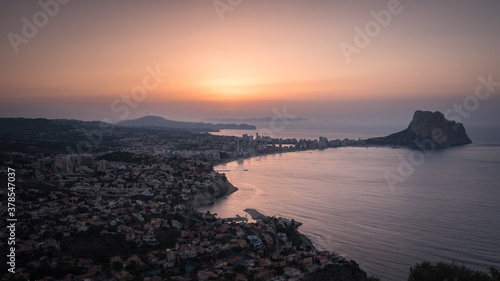 Top view of Calpe city skyline at sunrise, Alicante, Spain