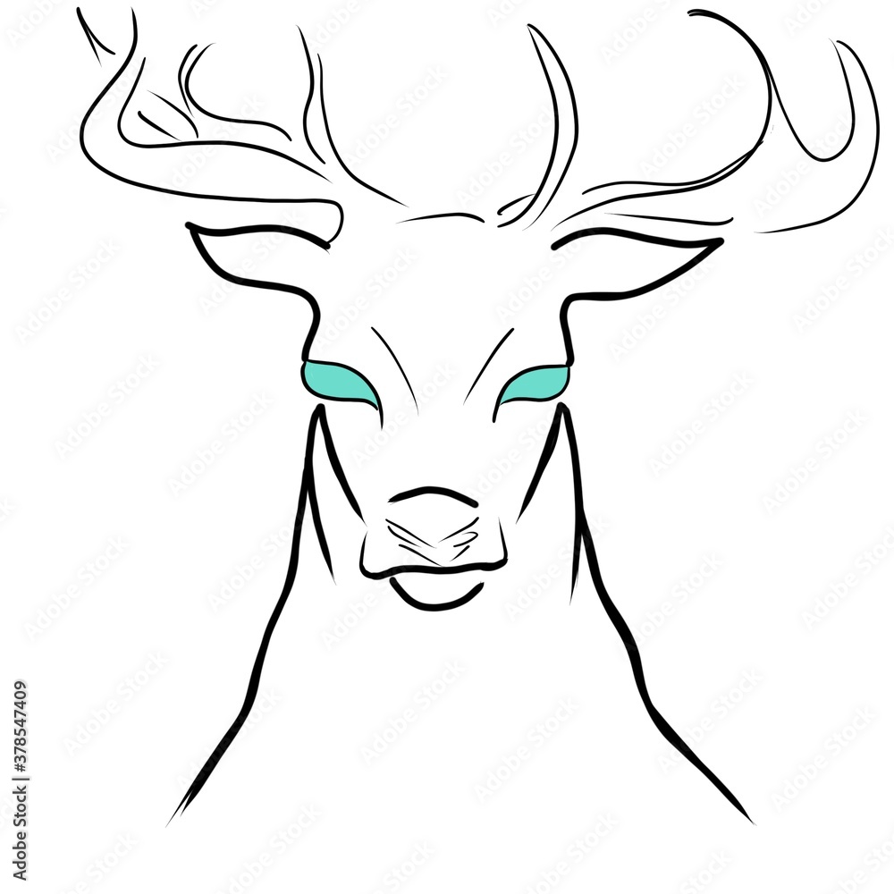 Line art deer with antlers and blue eyes