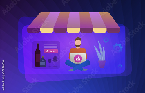Online purchase of alcohol flat vector concept illustration. Alcohol E-commerce: vodka, whiskey, wine, rum from home in specialized alco shop stores with remote delivery and online payment