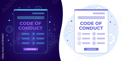 Code of Conduct vector concept with black and white background, dark ultra violet neon glowing thin icon and light-blue illustration. Document with concept of ethical, values, rules, principles