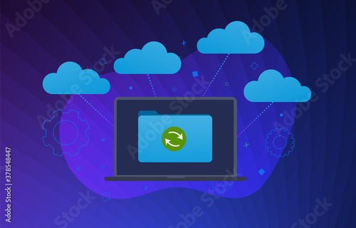 Multi Cloud Technology flat vector modern illustration. Cloud computing Storage Network Connected and synchronizing all devices. Personal Data Sync Backup - upload and download private, secure files