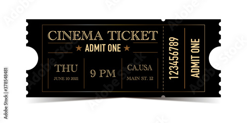 Cinema vintage ticket on black background with gold lettering 