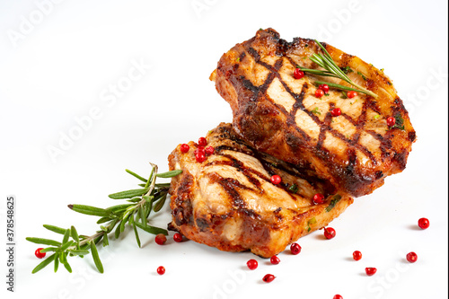  Home cooking grilled meat. Perfectly seasoned, juicy, delicious grilled pork chops with strips sprinkled with fresh coriander