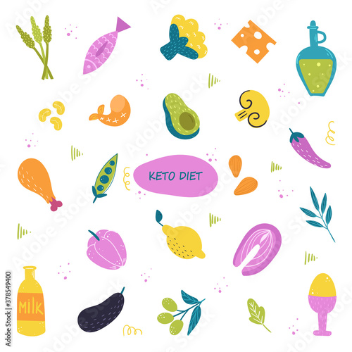 The keto diet. A variety of low-carb food collection. Foods high in fat and protein, as well as vegetables. Vector illustration in cartoon style. Hand drawing.