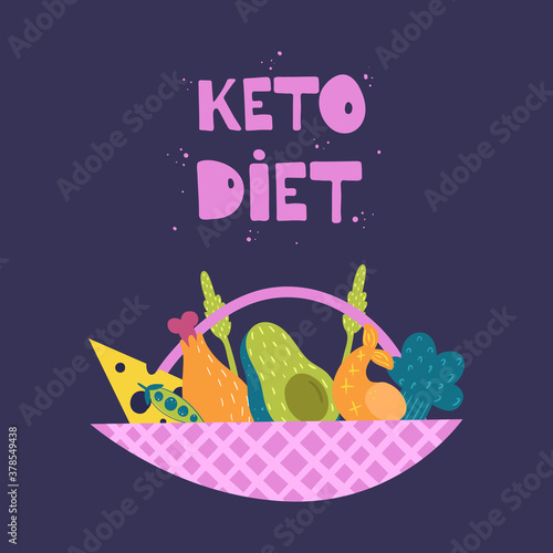 The letter designation for the keto diet. High fat food basket. Hand drawing. Vector illustration on a dark background.