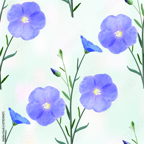 The flowers and buds of flax from the stem and leaves on sky blue abstract background  seamless pattern  vector