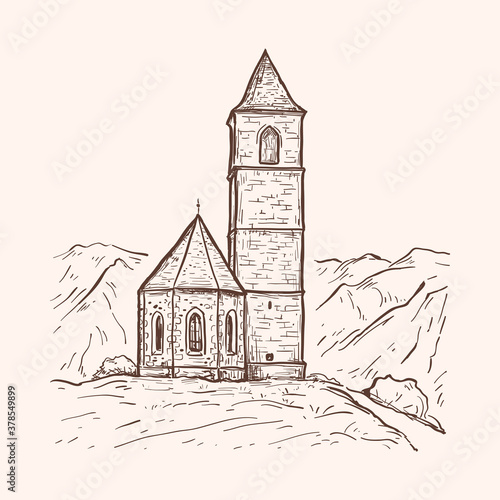 Sketch hand drawn vector illustration with church on the mountain. Vintage design. South Tyrol, Italy, Europe