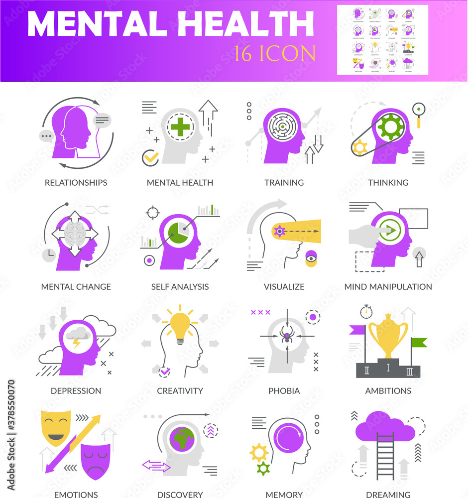 Mental health 16 icon set Mental health 16 icon set