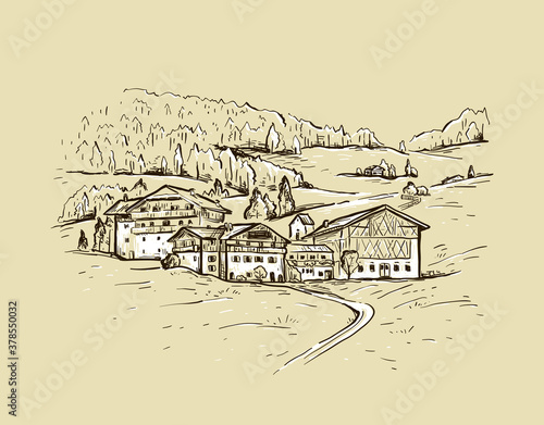 Vintage rural landscape. Sketch hand drawn vector illustration with a village houses on the mountain. Travel concept.