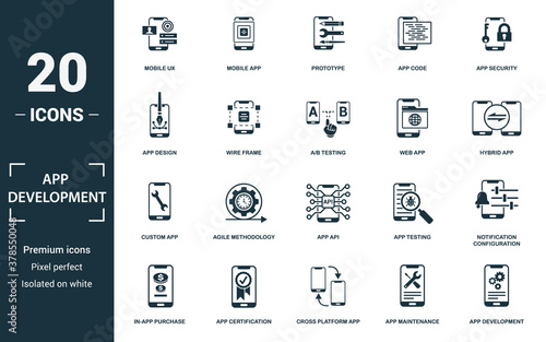 App Development icon set. Monochrome sign collection with mobile ux, mobile app, prototype, app code and over icons. App Development elements set.