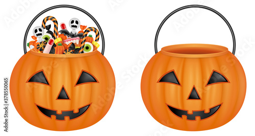 isolated pumpkin buckets. empty bucket and bucket with halloween candies