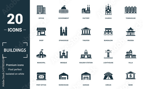 Buildings icon set. Monochrome sign collection with office, government, factory, church and over icons. Buildings elements set.