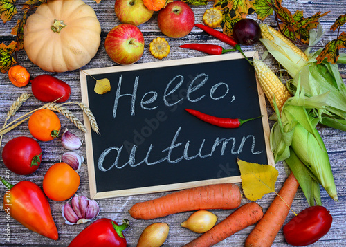 Colorful autumn vegetables and fruits on a wooden background, top view. Hello, Autumn. organic food.