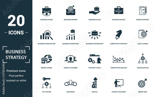 Business Strategy icon set. Monochrome sign collection with business vision, business mission, business value, business solves and over icons. Business Strategy elements set.