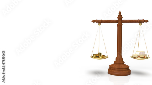 car wood toy and gold coins on libra for business content 3d rendering.