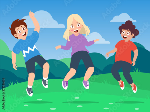 happy kids with various genders jumping on the field, cartoon vector illustration