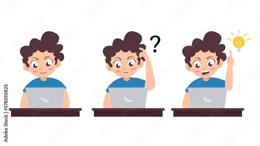 boy use laptop with different poses, confused, and getting idea while using laptop, cartoon vector illustration boy use laptop with different poses, confused, and getting idea while using laptop, cartoon vector illustration