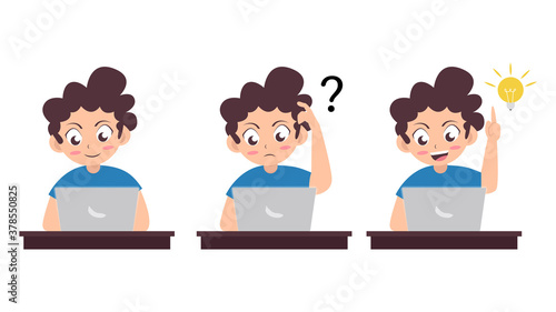boy use laptop with different poses, confused, and getting idea while using laptop, cartoon vector illustration