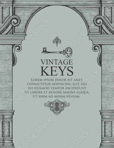 Banner with a vintage key, keyhole, medieval arch and place for text on a grey background. Hand drawn vector background or illustration in retro style