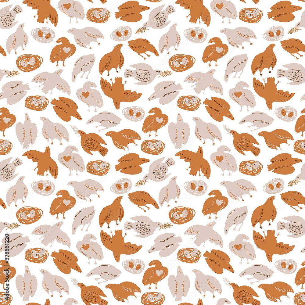 Seamless cute pattern. Vector birds with nest and eggs. Stylish illustration for wallpaper, fabric, textile, print, background, design Seamless cute pattern. Vector birds with nest and eggs. Stylish illustration for wallpaper, fabric, textile, print, background, design