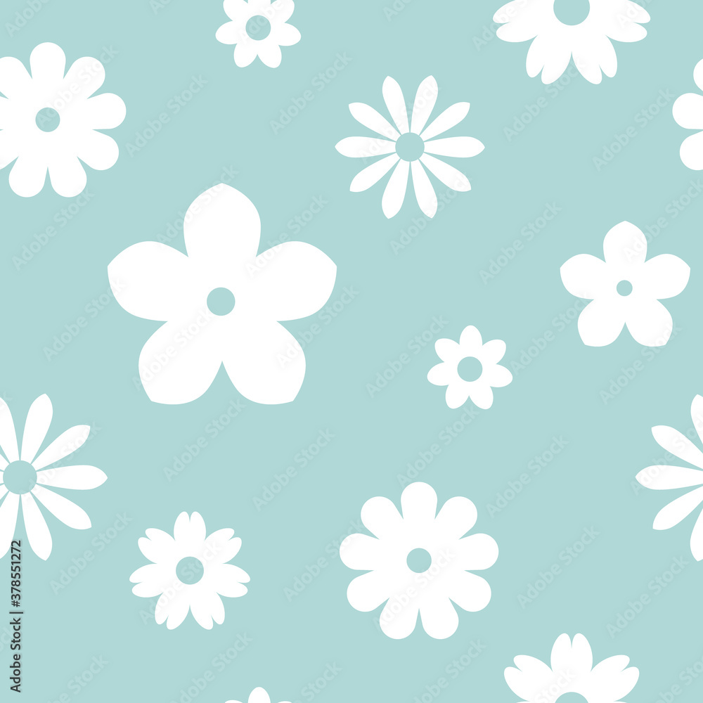 Seamless flower pattern. Powder blue background with white blossoms . Seamless flower pattern. Powder blue background with white blossoms .