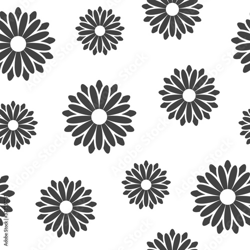 Seamless pattern with camomile or daisy black flowers. flat blossoms on white background.