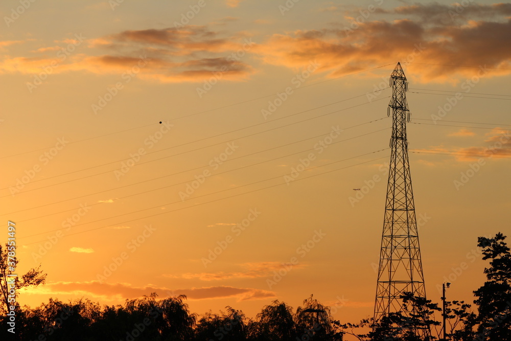 노을, 석양, 하늘, 송전탑, 타워, 구름, 비행기, sunset, sky, tower, cloud, airplane 노을, 석양, 하늘, 송전탑, 타워, 구름, 비행기, sunset, sky, tower, cloud, airplane