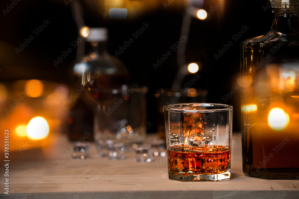 Bartender Serve Whiskey, on wood bar,