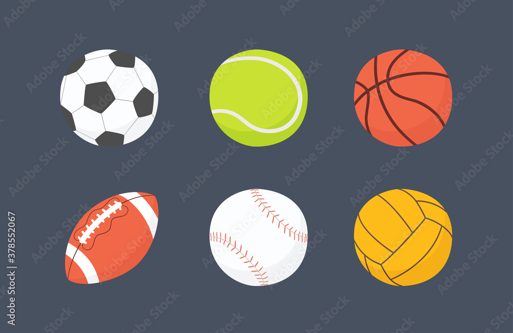 Football, basketball, baseball, tennis, volleyball, water polo balls. Hand drawn vector illustration in cartoon and flat style on dark background