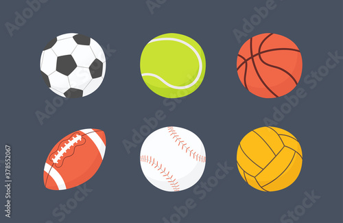 Football  basketball  baseball  tennis  volleyball  water polo balls. Hand drawn vector illustration in cartoon and flat style on dark background