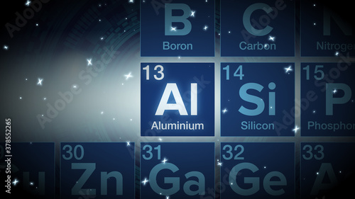 Close up of the Aluminium symbol in the periodic table, tech space environment.