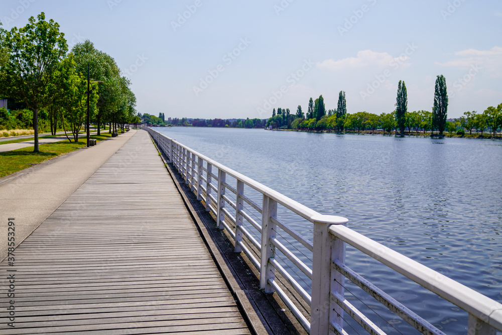 wooden pontoon aside river coast in Vichy city France