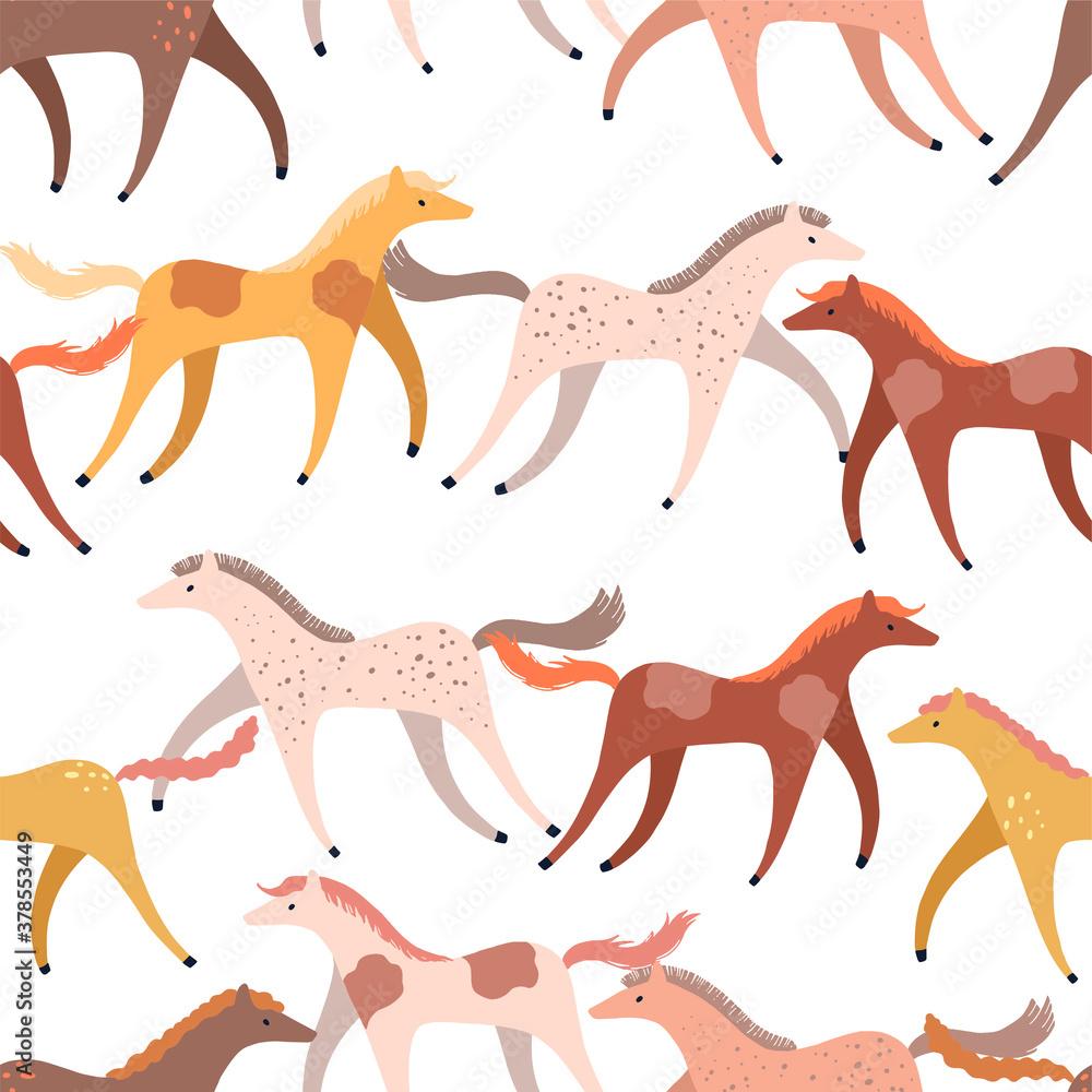 Abstract running horses flat hand drawn vector seamless pattern. Colorful wallpaper in scandinavian style. Animals sketches background for child design, prints, wrapping, textile, fabric, decor, card.