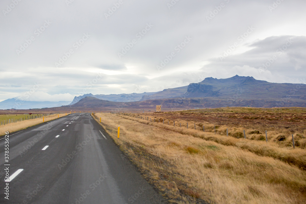 Scenic landscape view of Icelandic road and beautiful areal view of the nature autumntime