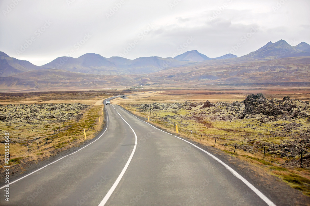Scenic landscape view of Icelandic road and beautiful areal view of the nature autumntime