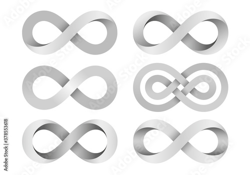 Set of Infinity signs made of different types of torsion and intersection. 3d isolated illustration.