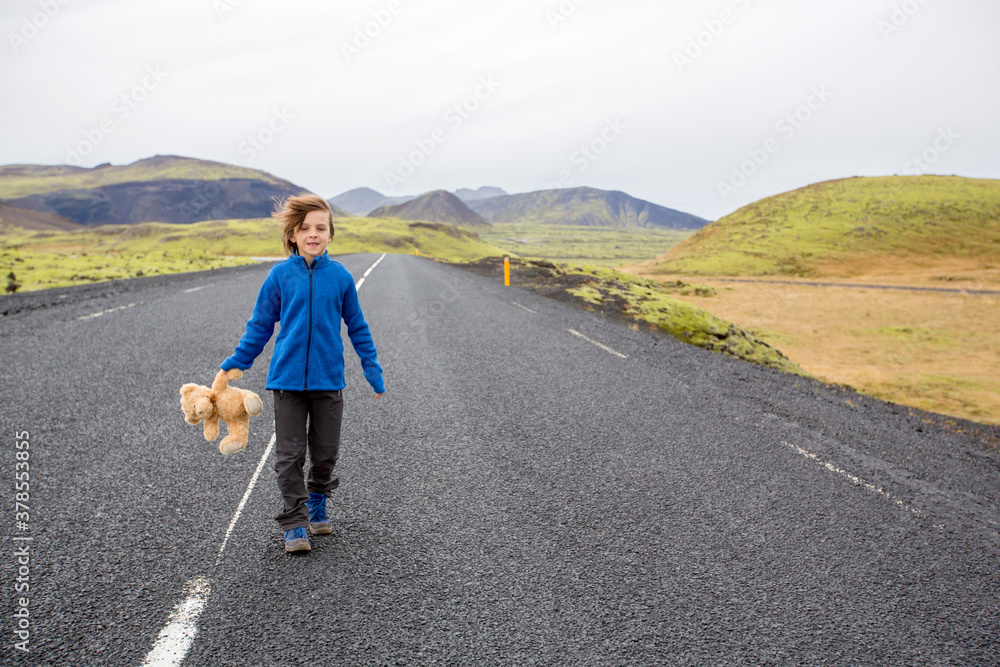 Obraz premium Cute child, preschool boy with teddy bear in hand, running on a road in Iceland on a rainy day